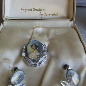 CARL ART HAND PAINTED VICTORIAN PORTRAIT BROOCH & EARRINGS FILIGREE STERLING